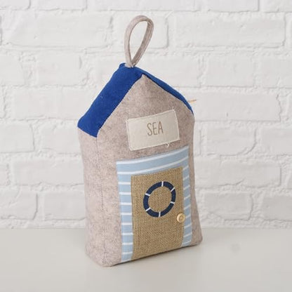 Coastal Cabana Soft Door Stops, Jute, Cotton, Loop Tops, Weighted, 11.75 Inches, House Shaped with Anchor and Lifesaver Fabric Embellishments - color: Coastal Cabana Soft Door Stops, Blue and Beige