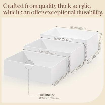 3 Pack Extra Large Acrylic Buffet Risers - 15”, 14”, 13” White Display Stands with Hollow Bottoms, Cube Riser Boxes Nesting for Dessert Food Catering Buffet Display Party Supplies - color: White, size: 15”,14”,13”