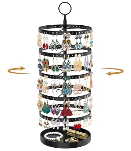 MODOWEY 5 Tier Rotating Earring Holder Organizer, Adjustable Display Tree with Metal Tray, 220 Holes Jewelry Rack for Pierced Stud Hoop Dangle, Large Capacity Space-Saving Stand for Women (Black) - color: Onyx Black, size: 5 Tier, 220 Holes