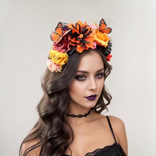 Elegant Butterfly Flower Headband for Women Boho Handmade Rose Floral Crown Wedding Bridal Festivals Cosplay Prom Photo Props Headpiece (C2 orange, Adjustable) - color: C2 orange