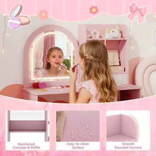 Costzon Kids Vanity with Lights, Girls Vanity Set with Mirror, Storage Drawer, Hooks & Shelves, Toddler Makeup Vanity Desk Dressing Table, Wooden Kids Vanity Table and Chair Set (Pink) - style: Pink with Open Shelves
