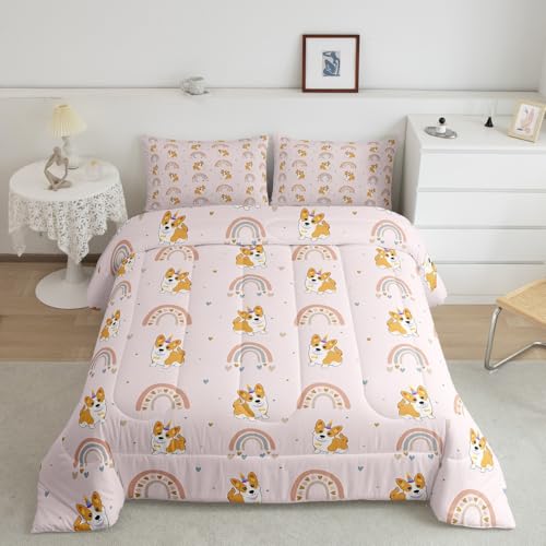 Dog Bedding Set for Kids, Cute Pug Rainbow Comforter Set Full, Cartoon Love Heart Down Comforter for Boys Girls Children Bedroom, Cartoon Animal Puppy Quilted Duvet 3Pcs with 2 Pillow Cases, Pink - color: Multi 36, size: Full
