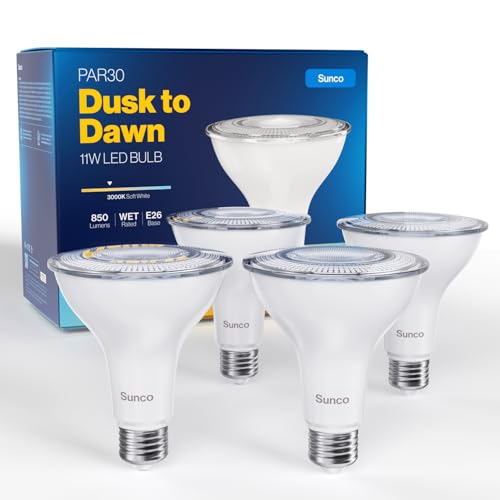 Sunco 4 Pack PAR30 LED Dusk to Dawn Light Bulbs, 850 Lumens, 11W, 3000K Soft White, Non-Dimmable, E26, Wet Rated Outdoor Flood Light Bulb with Photocell Sensor, for Porch, Patio, Backyard, UL - color: 3000k Soft White