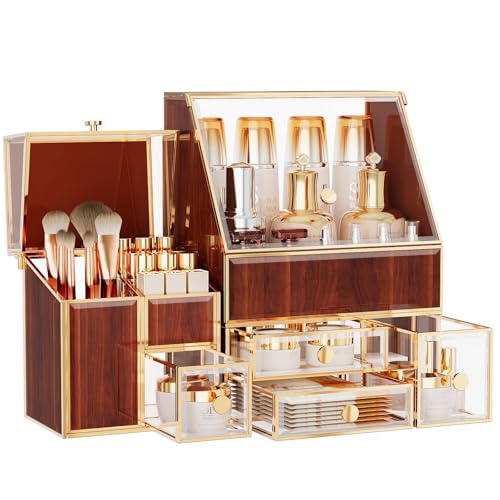 Youdepot Glass Makeup Storage for Vanity and Bathroom Countertop – Large Cosmetic Display Case and Skincare Storage Solution - color: golden yellow