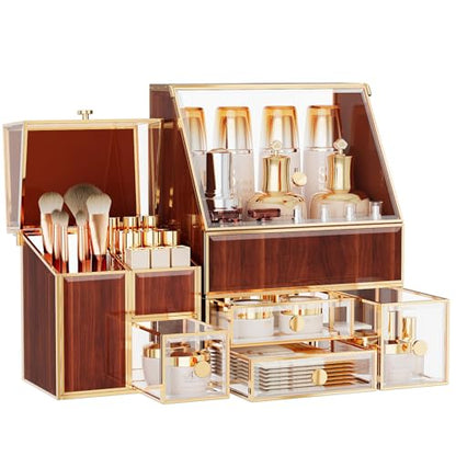 Youdepot Glass Makeup Storage for Vanity and Bathroom Countertop – Large Cosmetic Display Case and Skincare Storage Solution - color: golden yellow