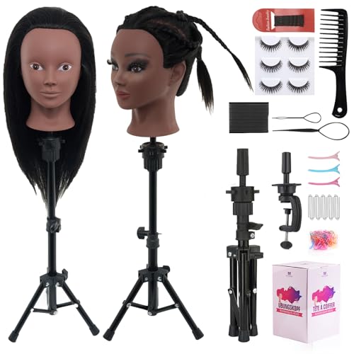 18" Mannequin Head Human Hair with Stand - 100% Real Hair Mannequin Head for Makeup Practice, Cosmetology Manikin Doll Head for Hair Styling, Hairdressing Training Head for Braiding with Tripod,Black - color: Black#1B&Tripod