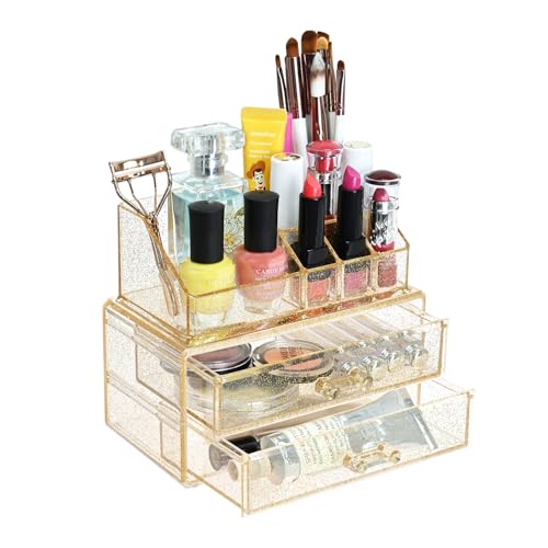 Ikee Design Acrylic Makeup Organizer with 2 Drawers Removable Top Lipstick Holders, Cosmetics Organizer for Skincare, Accessories, Lip Gloss for Vanity or Bathroom Countertop, Gold Glitter - color: 1c) 1 Top 2 Drawers, Gold Glitter