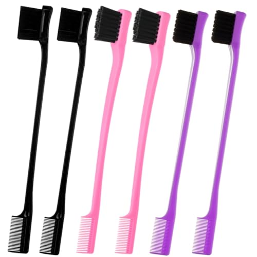 6Pack Double Sided Edge Control Hair Brush Professional Edge Control Hair Brush Comb Set, Dual-Sided Bristle Design, Pink Purple Black - color: Purple
