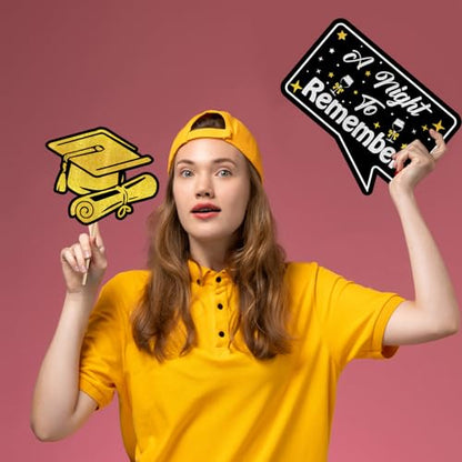 24 Pcs Prom Photo Booth Props Kit - Funny Prom Dance Party Photo Booth Props for High School or College Graduation Party Decorations Supplies Favors, Black Gold Selfie Props
