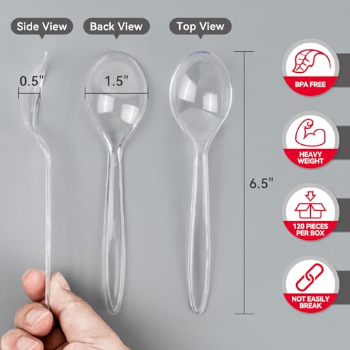 Plastic Soup Spoons, Heavy Duty Disposable Cutlery, Deepened Spoon Bowl for Hot Food, 120 Count