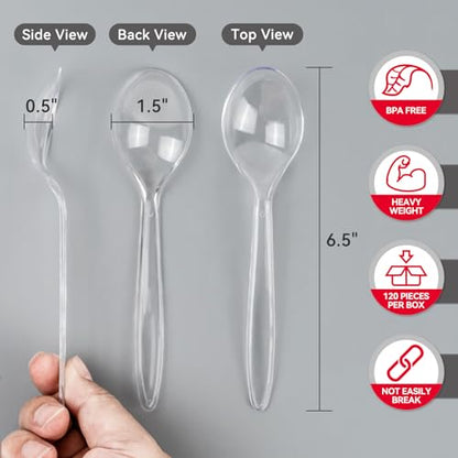 Plastic Soup Spoons, Heavy Duty Disposable Cutlery, Deepened Spoon Bowl for Hot Food, 120 Count