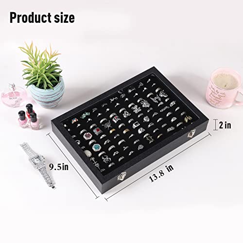 100 Slots Ring Case Organizer Display Box,Rings Holder Storage Boxes for Jewelry Showcase with Glass Lid (Black Velvet).
