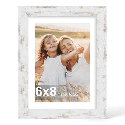 Hongkee 6x8 Picture Frame with Glass, Display Pictures 5x7 with Mat or 6 x 8 without Mat - Wall and Tabletop, 6 by 8 Photo Wooden Frames (Distressed White, 1 Pack) - color: Distressed White, size: 6X8 in
