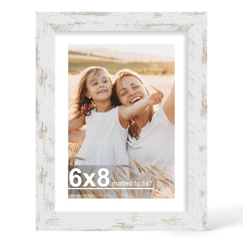 Hongkee 6x8 Picture Frame with Glass, Display Pictures 5x7 with Mat or 6 x 8 without Mat - Wall and Tabletop, 6 by 8 Photo Wooden Frames (Distressed White, 1 Pack) - color: Distressed White, size: 6X8 in
