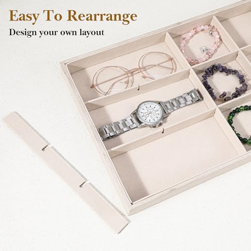 Stackable Jewelry Organizer Trays for Drawers, 2Pcs 12 Grid Velvet Jewelry Display Tray, Soft Light Jewelrys Display Case for Selling Necklace Earring Ring Watch, Beige, 13.8x9.5x1.2inch