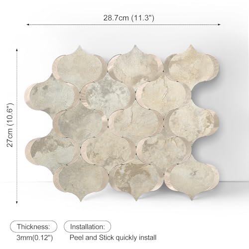 10 Sheet Arabesque Peel and Stick Backsplash Tile, Stick on Backsplash for Kitchen and Bathroom Wall, Ecru Beige Stone Look PVC Mixed Metal Aluminum - color: Ecru Beige Stone Mixed Metal Rose Gold