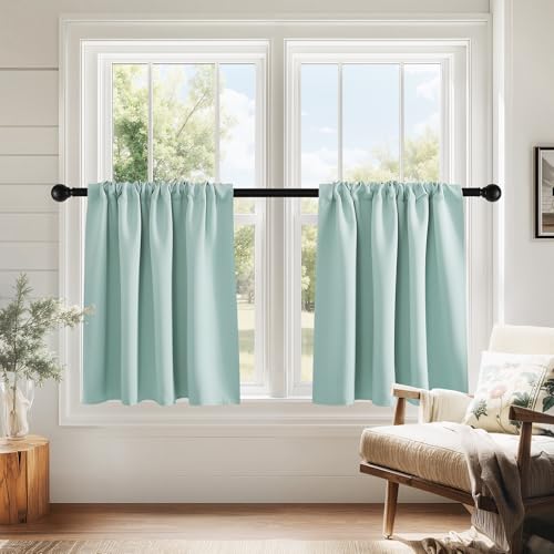 PONY DANCE Aqua Blue Small Window Curtains for Kitchen Over Sink 24 inch Length, Black Out Camper Curtains for RV, Thermal Insulated Rod Pocket Short Drapes, W 29 x L 24 inches,2 Panels - color: Aqua, size: 29"W x 24"L (Pack of 2)