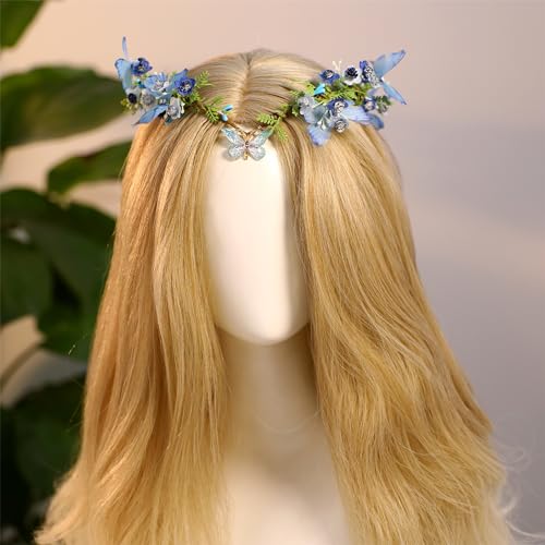 MOSTORY Handmade Fairy Butterfly Crown - Elf Flower Hadpiece Elven Headband for Women s Spring Wedding Maternity Shoot - color: Blue