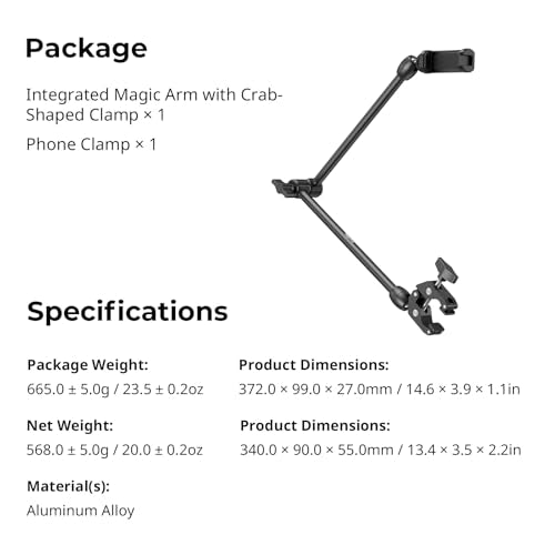 SMALLRIG Desktop Magic Arm Support with Crab-Shaped Clamp Kit, Aluminum Alloy, 24.3x4.5x1.1 in, 0.6lb Payload, for Smartphones, Webcams, Action Cameras, 5624 - style: Gear & Ball Joints
