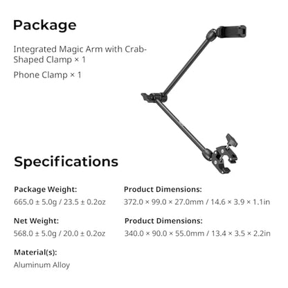 SMALLRIG Desktop Magic Arm Support with Crab-Shaped Clamp Kit, Aluminum Alloy, 24.3x4.5x1.1 in, 0.6lb Payload, for Smartphones, Webcams, Action Cameras, 5624 - style: Gear & Ball Joints