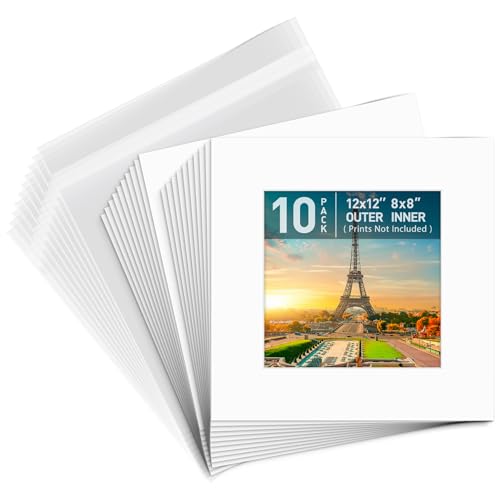 Golden State Art, Pack of 10, Pre-Cut 12x12 White Picture Mat Kit for 8x8 Photo, 10 White Core Bevel Cut Mattes, 10 Backing Boards and 10 Clear Bags - color: White, size: 12x12 for 8x8 (10 Pack)