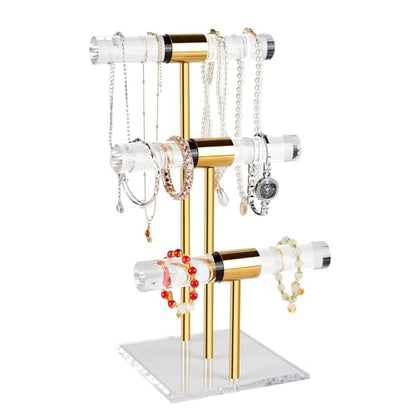 3-Tier Necklace Holder Bracelet Holder, Gold Acrylic Jewelry Display Stand Crystal T Bar Jewelry Organizer Gift for Women - style: 3-Tier 1pc
