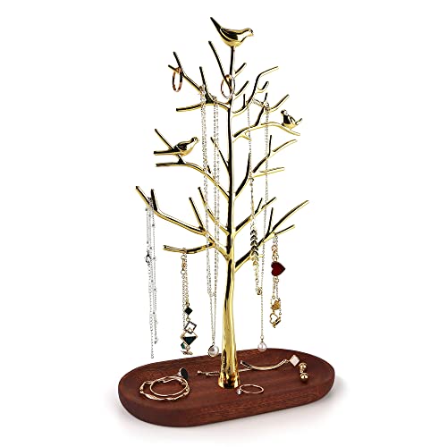 MORE&LESS Branch Jewelry Rack with wood tray,Retro color,Tree Tower Rack Hanging Organizer for Ring Earrings Necklace Bracelet,Suitable for living rooms, bathrooms,offices,etc. - color: B Brass-Wood Tray