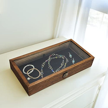 MOOCA Glass Top Wooden Jewelry Display Case with Removable Black Luxurious Velvet Jewelry Display Pad, Deeper 2.75-Inch Design for Taller Collectibles, Brown Color - color: 9A) Brown, 2.75 Inch High