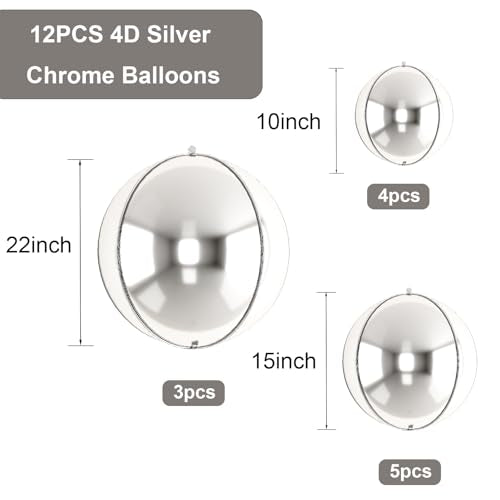 HILAVO 12PCS Silver Foil Balloons, 22in 15in 10in Different Sizes 4D Round Foil Balloon Large Silver Metallic Sphere Balloons for Graduation New Year Birthday Party Ceiling Decorations - color: Silver Ball-2674