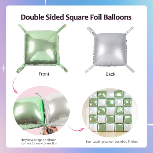 25pcs Green and White Foil Square Balloon Backdrop Wall &149pcs Sage Green Gold White Balloons Arch, Double Sided Balloon Tunnel with for Birthday Baby Shower Graduation Party Decor - color: Sage Green and White