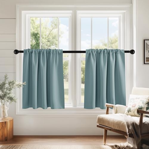 PONY DANCE Blackout Short Cafe Curtains, Privacy Light Block Small Window Curtains for Bedroom Kitchen Basement Dining Classroom, W 29 x L 24 inches, Greyish Blue, 2 Panels - color: Greyish Blue, size: 29"W x 24"L (Pack of 2)