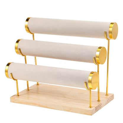 Bracelet Holder Display Stand Bangle Organizer 3 Tier Jewelry Display for Vendors, Gold Jewelry Necklaces Scrunchie Storage Rack with Wood Base