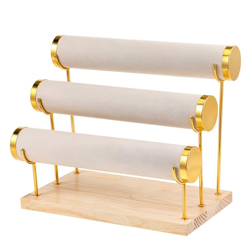 Bracelet Holder Display Stand Bangle Organizer 3 Tier Jewelry Display for Vendors, Gold Jewelry Necklaces Scrunchie Storage Rack with Wood Base