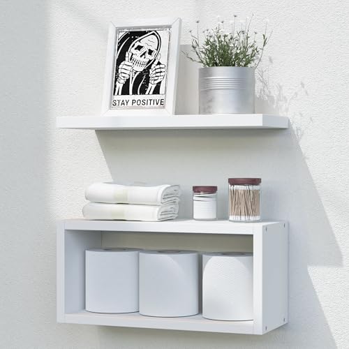 RICHER HOUSE Floating Shelves Bathroom, White Floating Shelves for Wall, Above Toilet Bathroom Shelves, Wall Mounted Hanging Shelves for Bedroom, Kitchen, Living Room Decor - White - color: White, size: 1+1