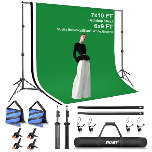 EMART Photo Video Studio Backdrop Stand Kit, 7×10ft Adjustable Photography Support System with Polyester Background(Black/White/Green Screen), Spring Clamps and Carry Bag for Photoshoot - size: 7x10ft(backdrop stand)/6x9ft(backdrop)