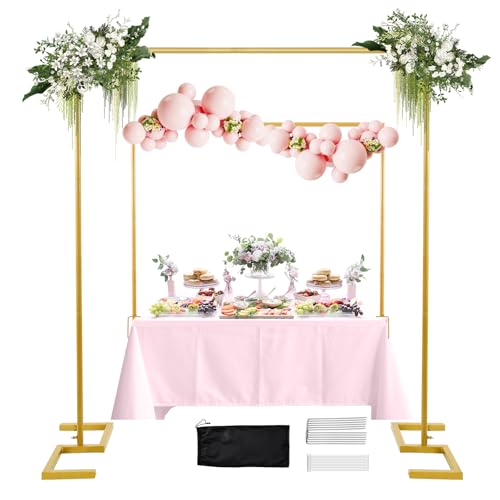 8.2FT Square Arch Backdrop Stand,Metal Gold Backdrop Stand Heavy Duty Adjustable,Extra 2 Clamps Change Over The Table Rod Stand,Wedding Balloon Arch Stand for Valentine Parties Decoration - color: Bright Gold