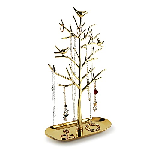 MORE&LESS Branch Jewelry Rack with metal tray,Luxury color,Tree Tower Rack Hanging Organizer for Ring Earrings Necklace Bracelet,Suitable for living rooms, bathrooms,offices,etc. - color: A Brass-Metal Tray