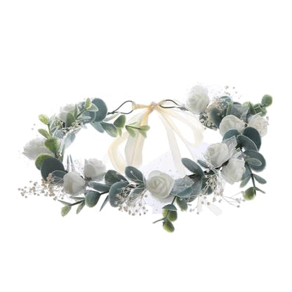 Greenery Leaf Crown Rustic Wedding Headpiece Bridal Headband Photo Prop - color: White Babysbreath