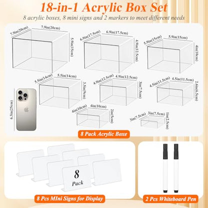 8 Pcs Clear Acrylic Boxes for Display, Acrylic Food Risers & Acrylic Cube Set (3"-8"), with 8 White Display Boards & 2 Markers, Clear Risers for Food, Decor, Party, Retail