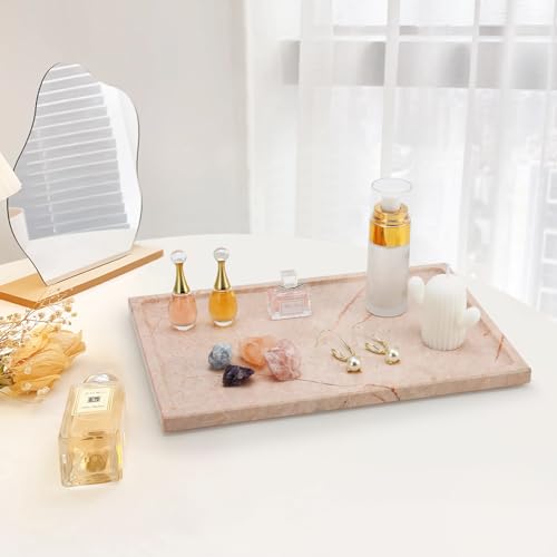 Real Luxurious Natural Marble Tray - 12x8 Inch Marble Vanity Tray for Perfume Display, Jewelry Organizer, Bathroom & Home Decor -Heavy Duty Non-Slip Stone Tray (Non-Resin/Non-Ceramic)（Pink） - color: Pink