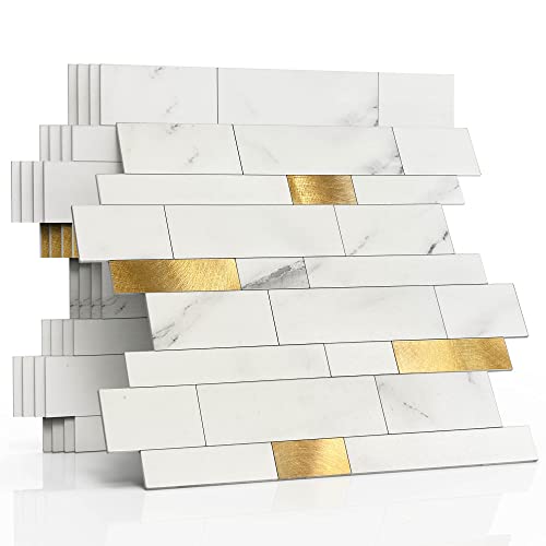 Backsplash Tile for Kitchen Peel and Stick Stone Matte Finish,Bathroom Tiles Stickers 3D Wall Panel Linear Mosaic Marble Backsplash Waterproof(10sheets,White Gold) - color: White Gold, size: 10sheets