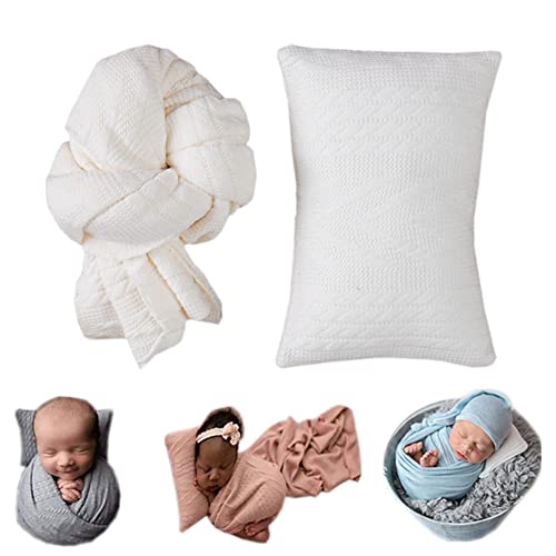Coberllus Newborn Photography Props Blanket Stretch Knitted Twist Wrap & Posing Pad Prop for Baby Boys Girls Photo Shoot Set (Creamy White) - color: Creamy White