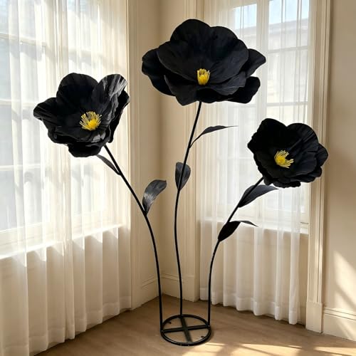 5.9 Ft Large Paper Artificial Flowers,Giant Flowers for Decoration,Standing Huge Handcrafted Poppy Flowers for Garden,Hotel,Office,Photography Props,Wedding,Art Gallery,Shop Window Display(Black) - color: Black