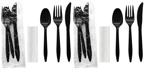 Party Essentials Individually Wrapped Plastic Cutlery Packets/Silverware Kits, Black Fork/Spoon/Knife/Napkin, 100 Sets (Pack of 2) - color: Black Fork/ Spoon/ Knife/ Napkin, size: 100 Sets (Pack of 2)
