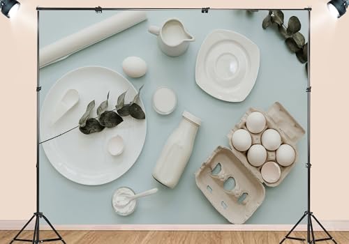 10X8ft Fabric Pastel Blue Flat Lay Baking Ingredients Backdrop Eggs Milk White Ceramics Eucalyptus Background Food Photography Wall Hanging Photo Studio Props - size: 10X8ft