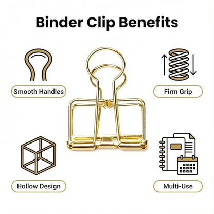 Binder Clips, Gold Hollow Long Tail Paper Clamp Set, 6 Pieces Reusable Metal Document Fasteners for Files, Planners, Desk Organization, Office Supplies - color: Gold
