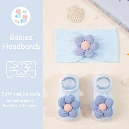 CÉLLOT Baby Girl Headband and Socks, Non-Slip Floral Socks and Soft Floral Nylon Hairbands for Babies Infants and Toddlers(White,Blue,Black) - color: White+Blue+Black