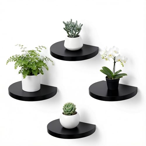 Small Wood Floating Shelves (4-Pack, 6-inch Diameter) - Round Sturdy Invisible Wall Mount Display for Small Plants,Toys,Bathroom,Living Room Storage & Modern Rustic Décor (Black) - color: Black, size: 6 Inch-4 Pcs
