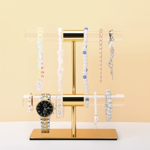 Display Stand Acrylic Jewelry Towers - Stainless Steel Long Necklaces Stand 2-Tier Crystal Tabletop Jewelry Organizer Home Decor for Store Boutique Vendors