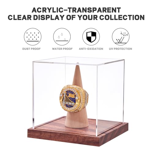 LITY Championship Ring Display Case, No Assembly Required Clear Acrylic Single Ring Holder with Wooden Stand Base for Sports Baseball Fan UV Protection(1 Pack) - size: 1 Pack Ring